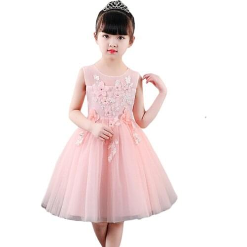 New Flower Girls Dress 3D Flower Lace Tulle Dress with Lining Birthday Wedding Party Ball Gown Kids Clothes Vestido