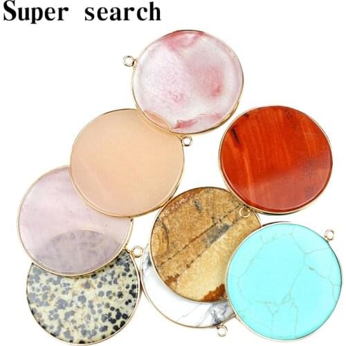 1pcs Natural Stone Flat Round Pendants Pendulum Pink Crystal Green White Chakra Healing Reiki Beads Necklace Pendant Wholesale