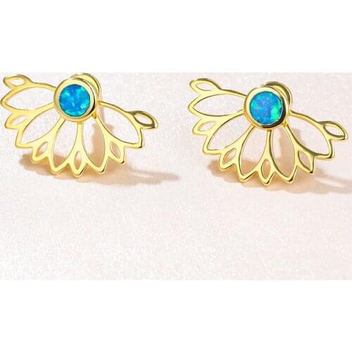 Simple Female Blue Round Opal Earrings Charm Gold Color Small Stud Earrings Dainty Hollow Flower Wedding Earrings For Women