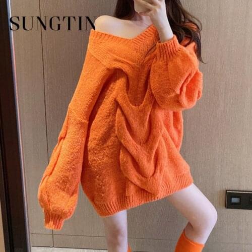 Sungtin Oversized Korean Fashion Knitted Striped Women Vintage Chic Loose Sweater Female Oversized Casual Warm Solid Sweater