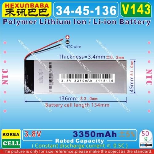 [V143] 3.8V,3.7V 3350mAh [3445136] NTC;Polymer lithium ion / Li-ion battery for tablet pc,e-book,speaker;POWER BANK,GPS