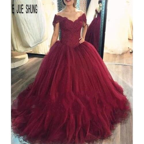 E JUE SHUNG Gorgeous Burgundy Long Train Wedding Dresses princess puffy Bridal Gown Off Shoulder short Sleeves Wedding Dress