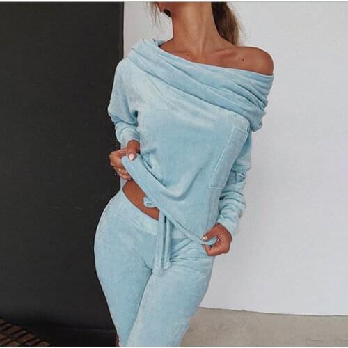 Spring Warm Soft Golden Velvet Sportswear Womens Suit Slash Collar Top Slim Pants Autumn Womens Casual Two-Piece Clothing