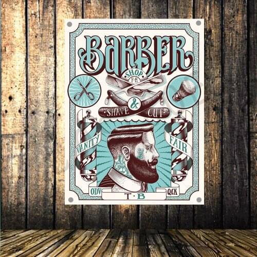 Barber Shop Sign Poster Four Hole Wall Hanging Retro Hair Salon Tattoo Banner Flag Tapestry Wall Stickers Background Decoration