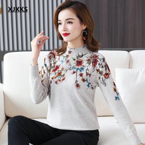 XJXKS 100% wool knitted turtleneck sweater women pullover 2021 autumn winter new women printed sweater