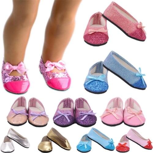 Bright Leather Doll Shoes With Bow-Knot for American 18 Inch Girl Doll &43 CM Baby Doll Generation