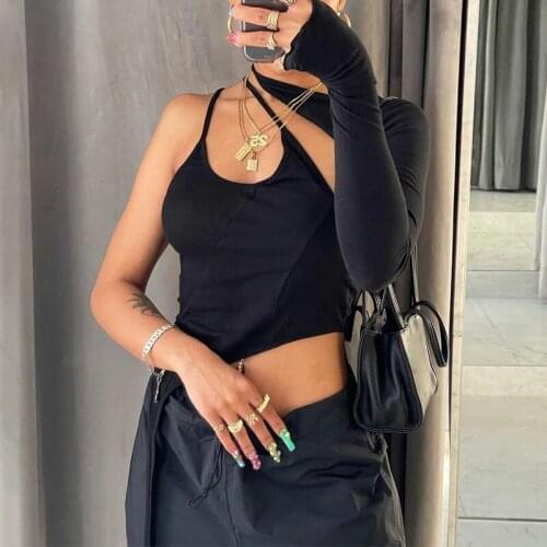 2021 Nightclub Sexy Irregular T Shirt Women One-shoulder Hanging Neck Dew Back Long Sleeve Bottom Shirt Fashion Female Clothing