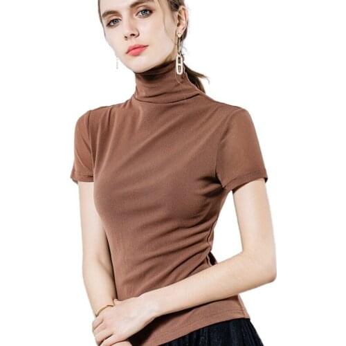 Womens Bottom Wear Short-sleeved T-shirt High-collar Net Yarn New Pure-color Tights In Summer of Apricot Women T Shirt