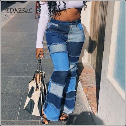 2020 Women Distressed Beggar Patchwork Jeans Vintage Washed Denim Flare Pants Female Wide Leg Trousers Outfit Streetwear Jeans
