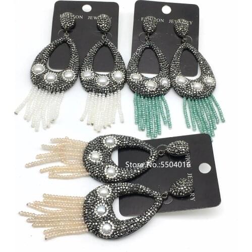 Long Tassel Earrings Bohemian Vintage Natural Freshwater Pearl Drop Earring Crystal Glass Tassel Stud Earrings For Women Jewelry