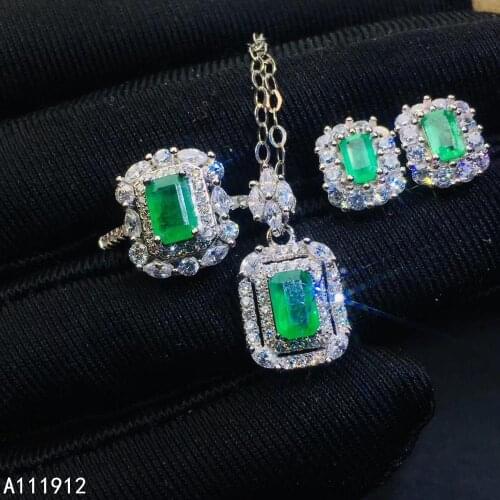 KJJEAXCMY fine jewelry natural Emerald 925 sterling silver women pendant necklace chain earrings ring set support test exquisite