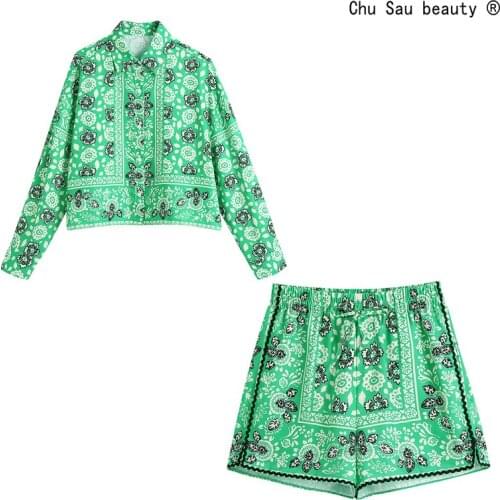 2021 Summer New Lapel Long-Sleeve Single-Breasted Casual Fashion Vintage Printed Short Shirt + Elastic Waist Shorts Suit Women