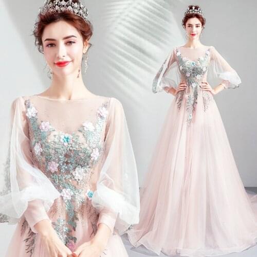 New sweat pink full sleeve training lady girl women princess prom banquet party ball dress performance gown free shipping