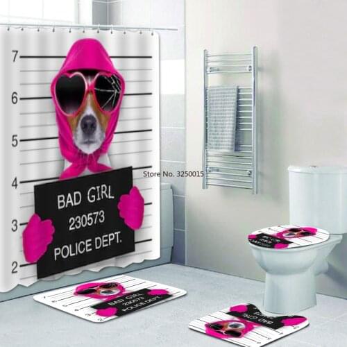 Animal Decor Bad Dog Jack Russell Terrier Dog Home Decor Waterproof Dogs Shower Curtain Bathroom Curtain Set with Bath Mat Set