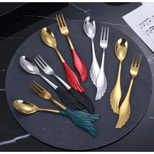 2 pieces 304 stainless steel creative angel wing coffee spoon dessert spoon fruit fork gift cutlery set