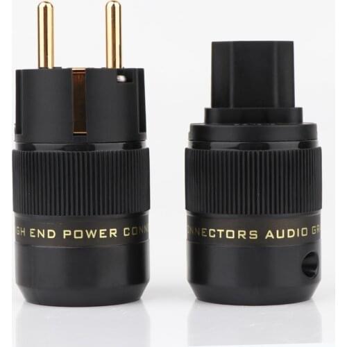 2PCS without logo Brass Gold Plated Schuko EU Power Plug connectors +Prue copper IEC connector adapter