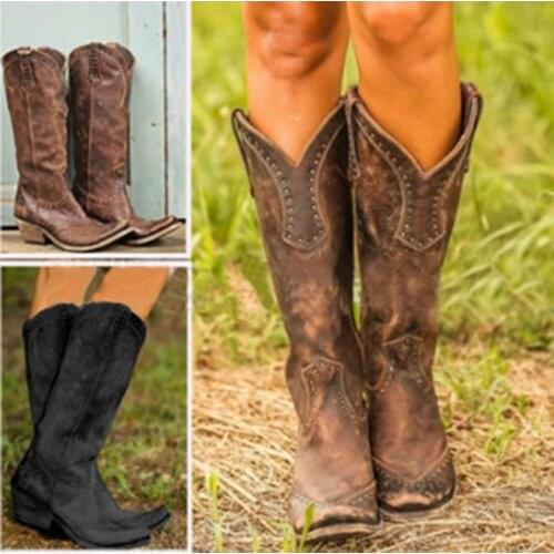 2020 Pointed Toe Western Cowgirl Boots Winter Warm Cowboy Boots Shoes Women Botas Mujer Black Brown Pointed Toe Chunky Wedges