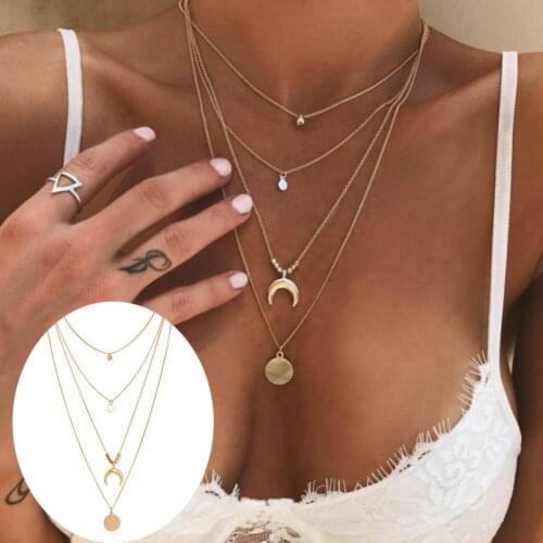 2021 Women Personalized Multilayer Simple Moon Star Sun Coin Disc Pendant Chain Clavicle Necklace Jewelry Accessory for Party