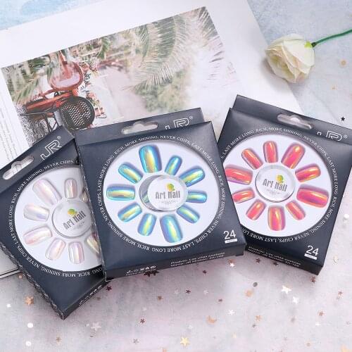 24pcs/Set Detachable Fake Nails (with glue) Charming electroplating laser Designs Art Full Cover Finished Fingernails