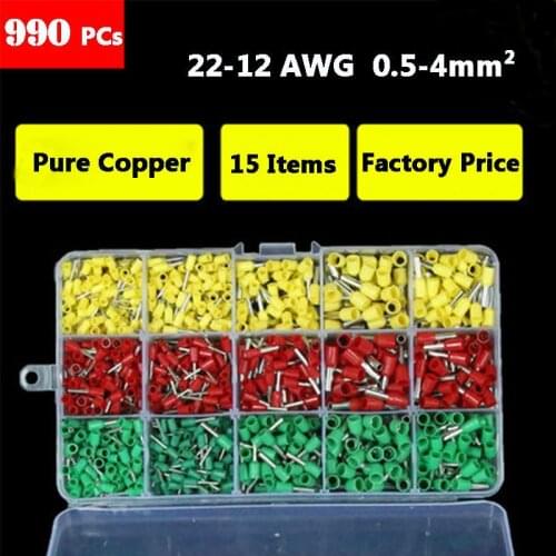 990PCs Electrical Wire Connectors Crimp Ferrules Terminals Assortment Kit Cable End Wire Crimp Pin Terminal Connectors Terminal