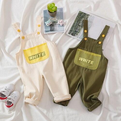 Childrens Overalls 2021 New Kids Boys Girls Cotton Letter Pocket Casual Jumpsuits Korean Loose Baby High Quality Pants Trousers