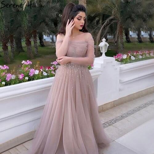 Serene Hill Pink Sexy Prom Dresses Long 2021 Beaded Long Sleeves Sexy A-Line Graduation School Party Gown CLA71222