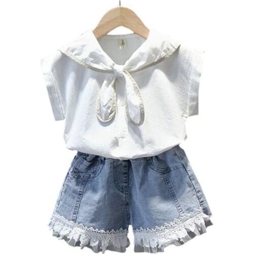 Girls 2021 New Denim Shorts Short-Sleeved Baby Korean Version Of The Western Style Little Girl Summer Two-Piece Childrens Suit