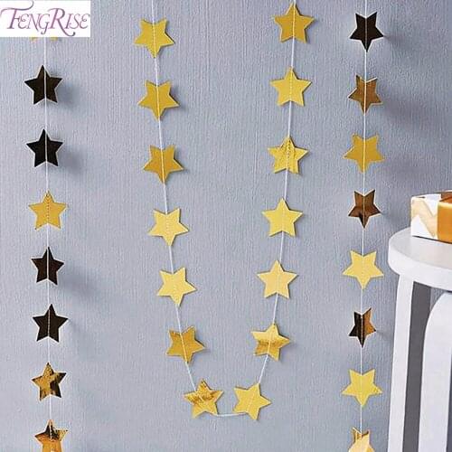 FENGRISE 4M Silver Gold Star Garland Wedding Decoration Paper Star Birthday Banner String Chain Baby Shower Party Supplies