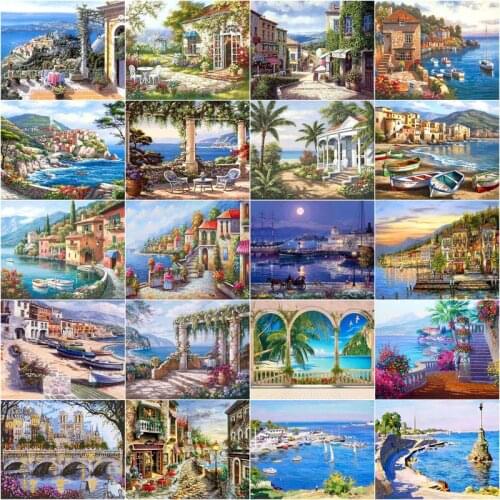 GATYZTORY Painting By Number Houses Seascape HandPainted Drawing On Canvas Gift Picture By Number Kits Home Decor