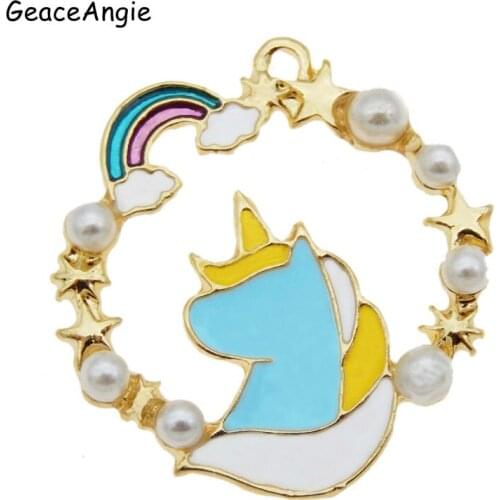GraceAngie 8pcs/lot Golden Base Enamel Unicorn With Pearl charms Pendant Jewelry Necklace Making Bracelet Craft Accessories
