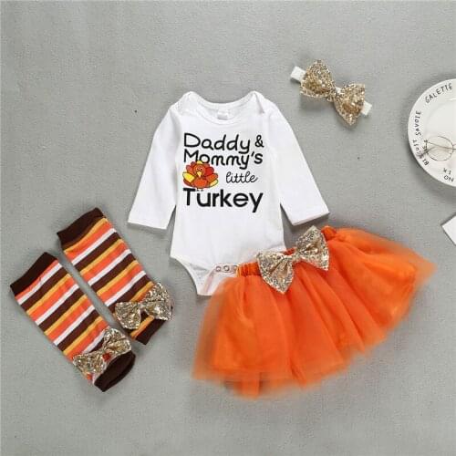 Baby Girls Clothes Set Newborn Cotton Screen Yarn Leisure Print Romper and Bow Tutu Skirt and Headdress Thanksgiving Suit U3