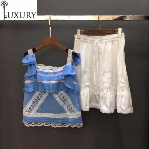 Summer Fashion Crop 2020 High Quality Ladies Lace Patchwork Strap Vest Tops+Hollow Out Embroidery A-Line White Skirt Sets