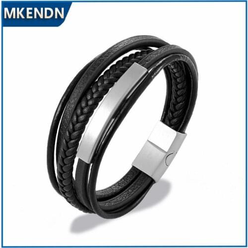 MKENDN Wholesale Stainless Steel Genuine Multilayer Leather Magnet Bracelet Men Black/Brown Color Charm Accessories Jewelry