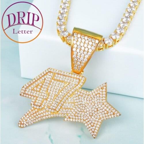 Number Star Combination Pendant Gold Color Iced Cubic Zircon Personality Necklace Mens Hip Hop Jewelry