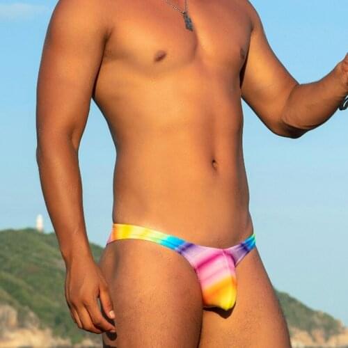 New bright sexy rainbow print swimwear tight low waist bikini swimsuits gay swim briefs different penis pouch size bathing suit