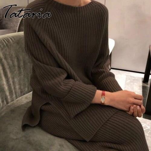 New Women Sweater Two Piece Knitted Sets Winter Tracksuit Chic Pullover Long Sleeve Top Wide Leg Pants 2020