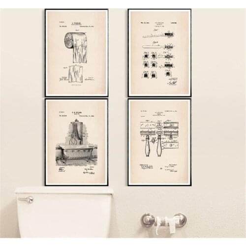 Bathroom Patent Vintage Canvas Poster and Prints Toilet Paper Toothbrush Pictures Bathroom Wall Art Retro Decoration Painting