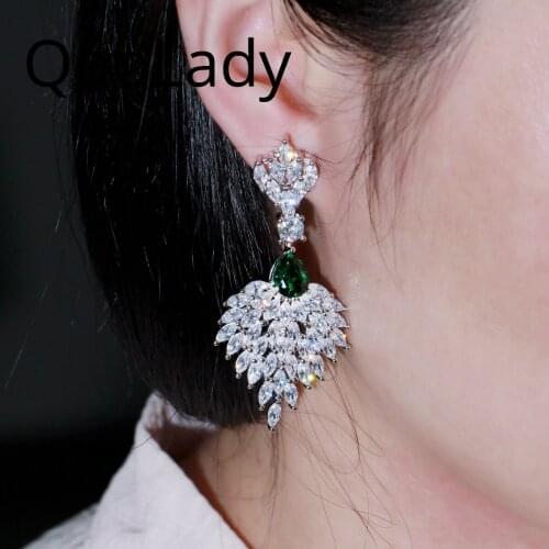 QooLady Luxury Green Cubic Zirconia Crystal Long Leaf Shape Dangle Drop Earrings Bridal Wedding Party Jewelry for Women E245