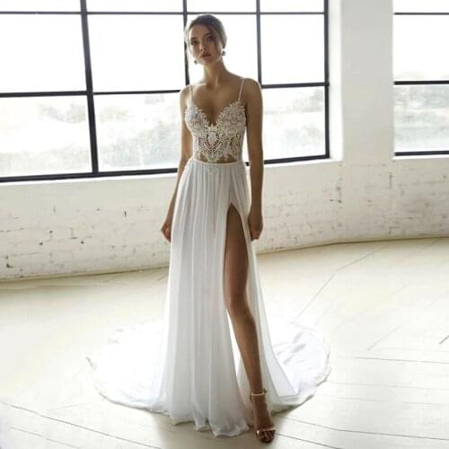 On Sale Summer Beach Wedding Dresses Lace Sleeveless Ivory Wedding Gowns Side Split Bridal Dresses Back Out 2021 Latest