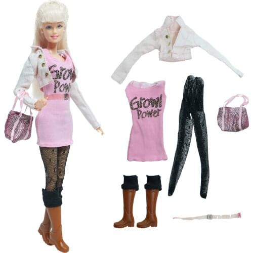 Handmade 5 Pcs/Set Doll Outfit for barbie Doll Jacket Pink Dress Lace Stockings Shiny Handbag Flat Shoes Boots Acessories Toy