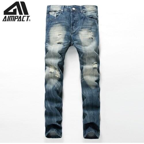 Aimpact Ripped Mens Jeans Slim Fitted Hole Jeans High Street Distressed Denim Joggers Hiphop Vintage Skinny Jean Pants AM5310