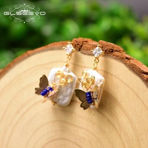 GLSEEVO Natural Fresh Water Pearl Square Pearl Dangle Earrings Butterfly Dangle Earrings For Women Wedding Fine Jewelry GE0806