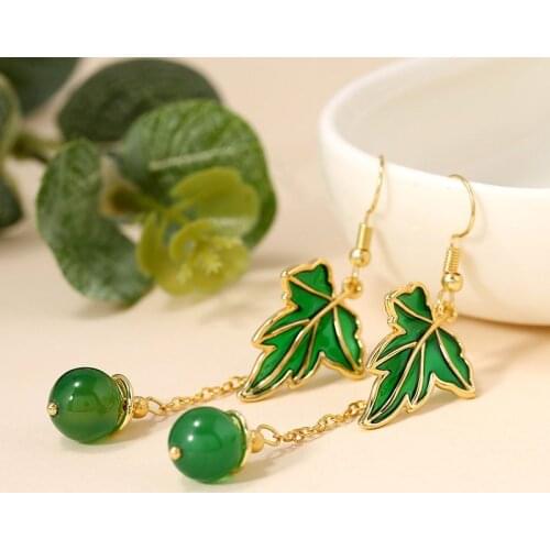 Vintage Jewelry Women Earrings Leaves Green Agate Dangle Long Earrings for Lady Good Fortune Gift Summer Earrings