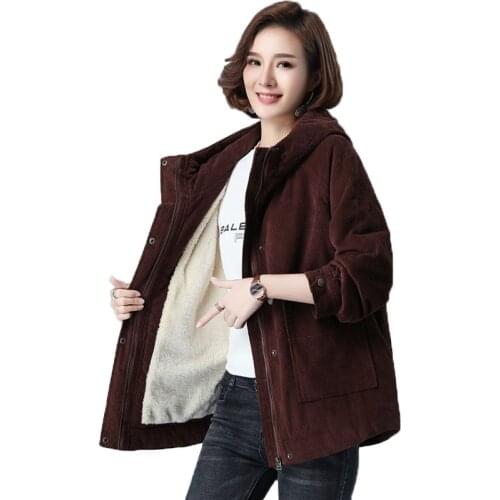 Womens Corduroy Jacket 2021 New Winter Plus velvet Thicken Warm Coat Plus Size Windbreaker Jacket Female Casual Loose Outcoat