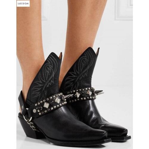 2019 new arrival women black boots block heel ladies ankle boots women rock booties spike stud western booties point toe botas