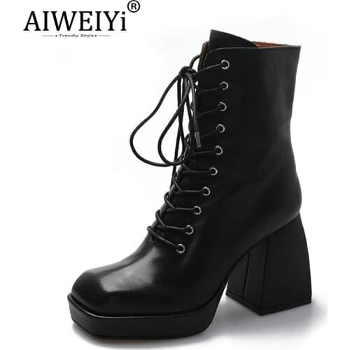 AIWEIYi Platform Women Ankle Boots Lace Up Elegant Thick High Heels Pumps Wedding Office Lady Shoes Woman