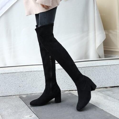 Womens Thick-Heeled Flock Side Zipper Over-The-Knee Boots Super Large Size Comfortable Frosted Fabric Short Plush Warm Boots