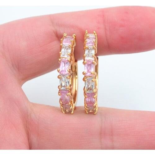 Gold Color Women Stylish White Pink Cubic Zirconia CZ Huggie Hoop Earrings