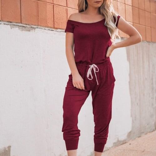Spring and Summer Clothes Skew Shoulder Mid-waist Ankle-length women jumpsuit Cotton Blend Solid Color Black,burgundy Wear