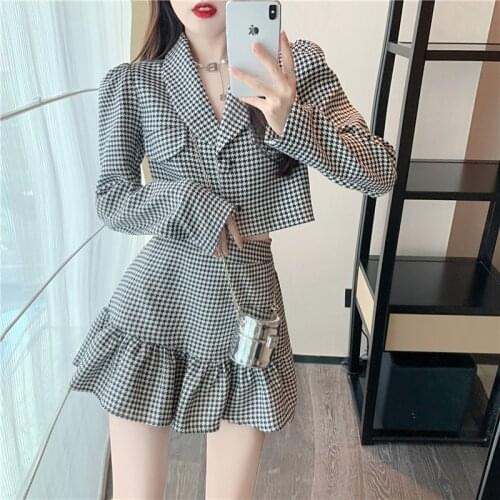 Houndstooth Suit Little Sweet Style Suits High Short Coat Pockets Hip Falbala Skirts Two-Piece Tide Women Mini Skirts Vintage